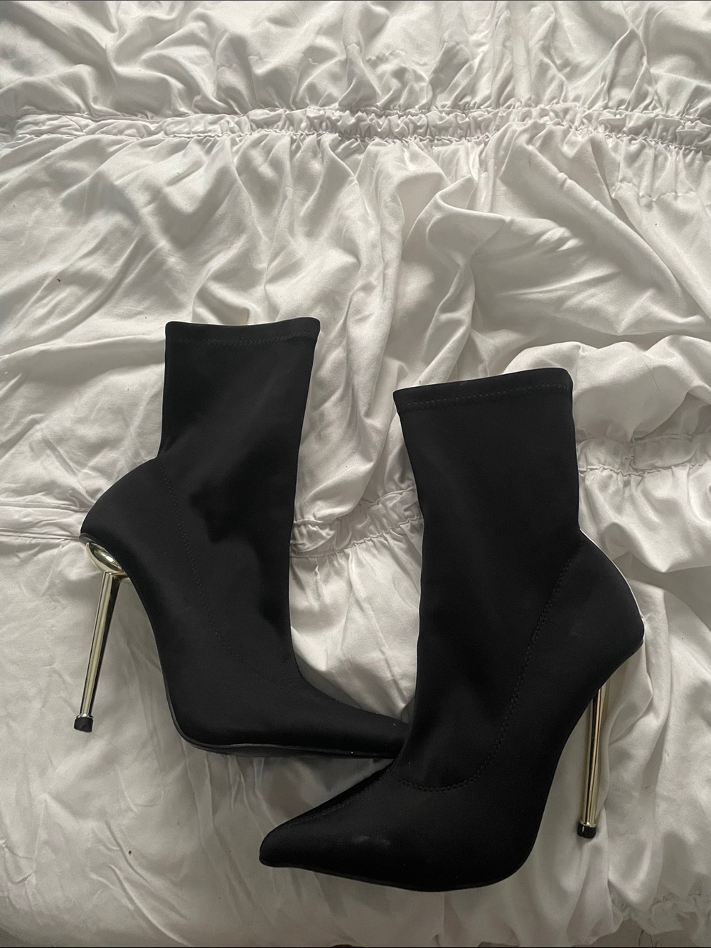 Pretty little thing Black Stretch Sock Stiletto Ankle Boots with Gold Heel